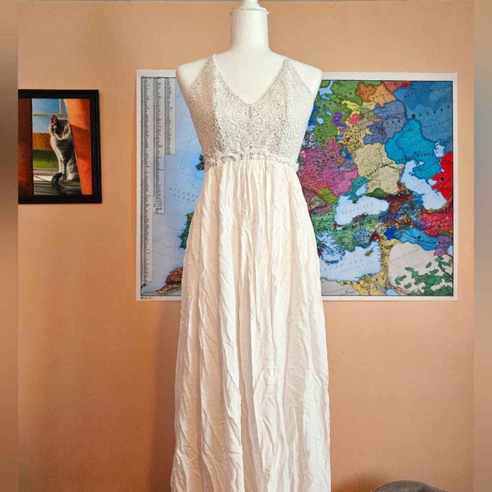 White Crochet Panel Maxi Dress